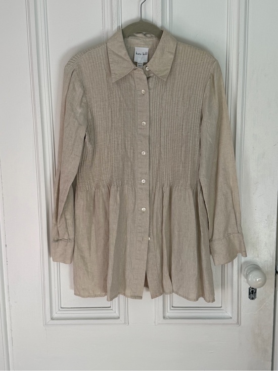 Kate Hill Tops - Women’s Kate Hill Linen Long Sleeve Vertical Pin Tuck Pleated Tan Blouse PXS